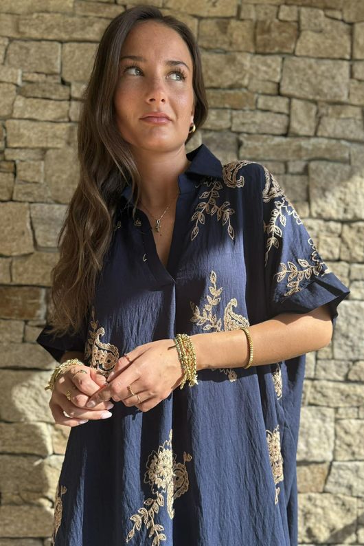 Yara Paisley Embroidered Shirt Dress Navy